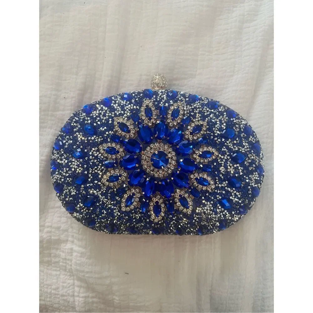 Ramla handmade Sparkling Blue Simulate Diamond Womens Clutch Handbag with strap